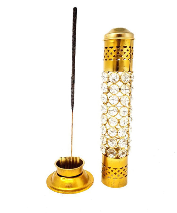 Brass Tower Incense Stick Burner, with Crystal Beads, 12", 1 Piece