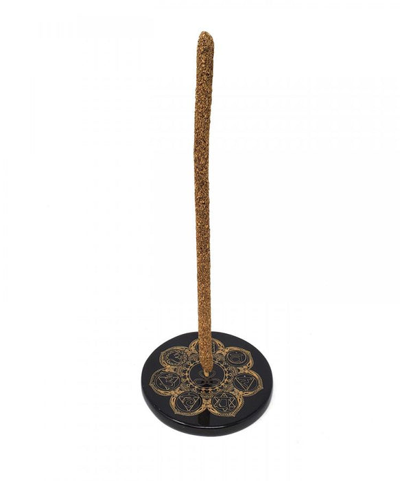 Black Agate Gold Printed -Heart Yogi 7 Chakra Tile Incense Stick Burner, 3"D, 1 Piece