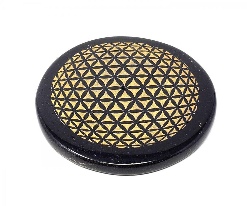 Black Agate Gold Printed Flower of Life Tile Incense Stick Burner, 3"D, 1 Piece