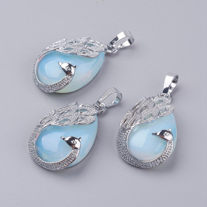 Opalite Teardrop Shaped Pendant with Peacock, 5 Pieces in a Pack, #106