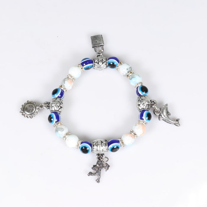 Evil Eye Bracelet, with White Plastic Beads, with Mix Figure Charm, Silver Color, Dyed, 8 mm, 5 Pieces in a Pack #488