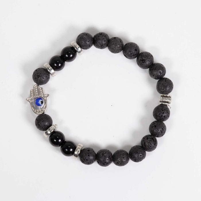 Lava Stone & Black Onyx Bracelet, with Hamsa Hand Alloy, with Evil Eye, Silver Color, 8mm, 5 Pieces in a Pack #208