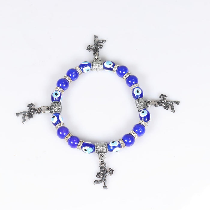 Evil Eye Bracelet, with Dyed Plastic Beads, with Mix Figure Charm, Silver Color, Dyed, 8 mm, Mix Style Pack, 5 Pieces in a Pack #470