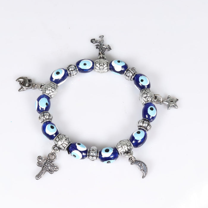 Evil Eye Bracelet, with Dyed Plastic Beads, with Mixed Figure Charms, Silver Color, 8mm, Mix Style Pack, 5 Pieces in a Pack #471