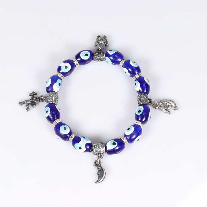 Evil Eye Bracelet, with Dyed Plastic Beads, with Mixed Figure Charms, Silver Color, 8mm, Mix Style Pack, 5 Pieces in a Pack #471