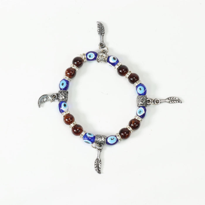 Evil Eye Bracelet, with Brown Plastic Beads, with Mix Figure Charm, Silver Color, Dyed, 8 mm, 5 Pieces in a Pack #475