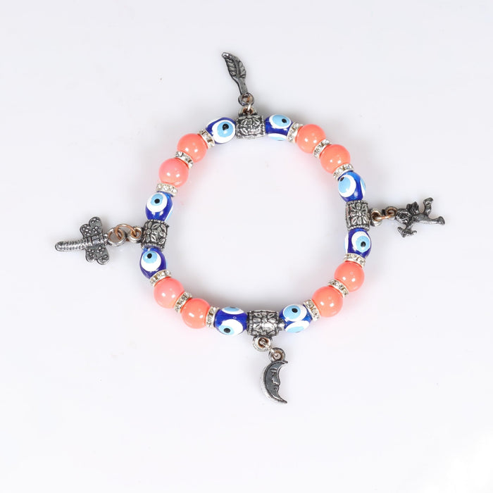 Evil Eye Bracelet, with Dyed Plastic Beads, with Mix Figure Charm, Silver Color, Dyed, 8 mm, 5 Pieces in a Pack #476