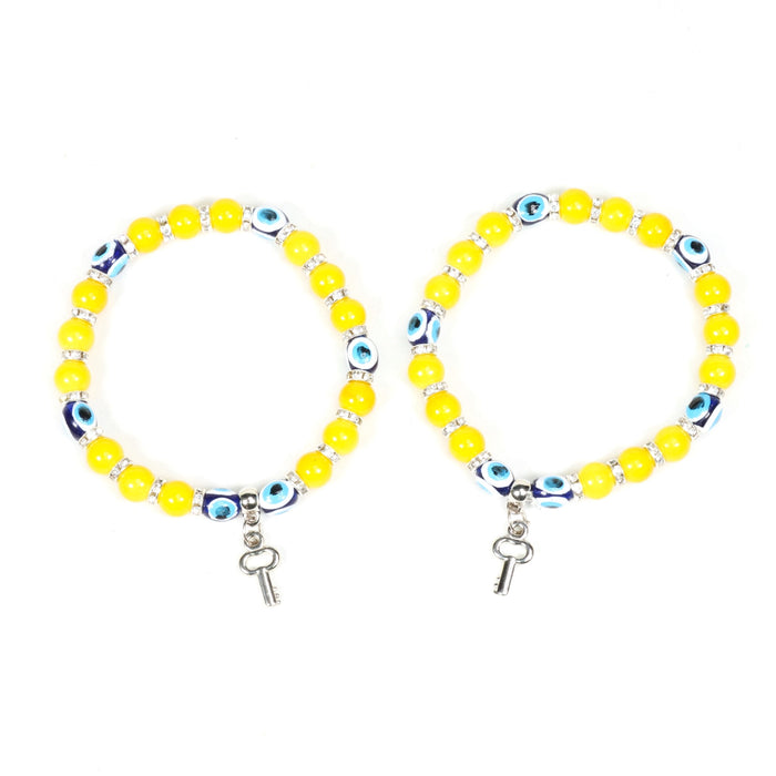 Evil Eye Bracelet, with Yellow Plastic Beads, with Key Figure Charm, Dyed, Silver Color, 8 mm, 5 Pieces in a Pack #320