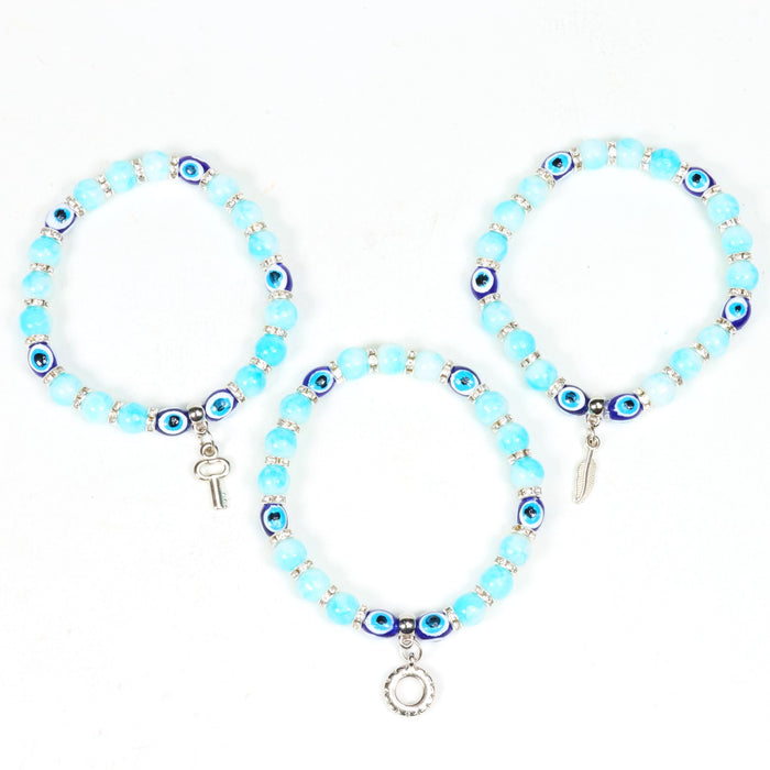 Evil Eye Bracelet, with Mixed Figure Charms, Plastic Beads, Silver Color, 8mm, Mix Style Pack, 5 Pieces in a Pack #322
