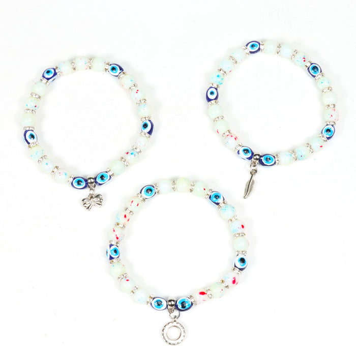 Evil Eye Bracelet, with Mixed Figure Charms, Plastic Beads, Silver Color, 8mm, Mix Style Pack, 5 Pieces in a Pack #323