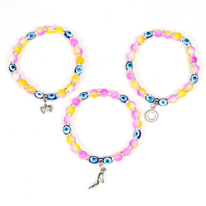 Evil Eye Bracelet, with Mixed Figure Charms, Plastic Beads, Silver Color, 8mm, Mix Style Pack, 5 Pieces in a Pack #324