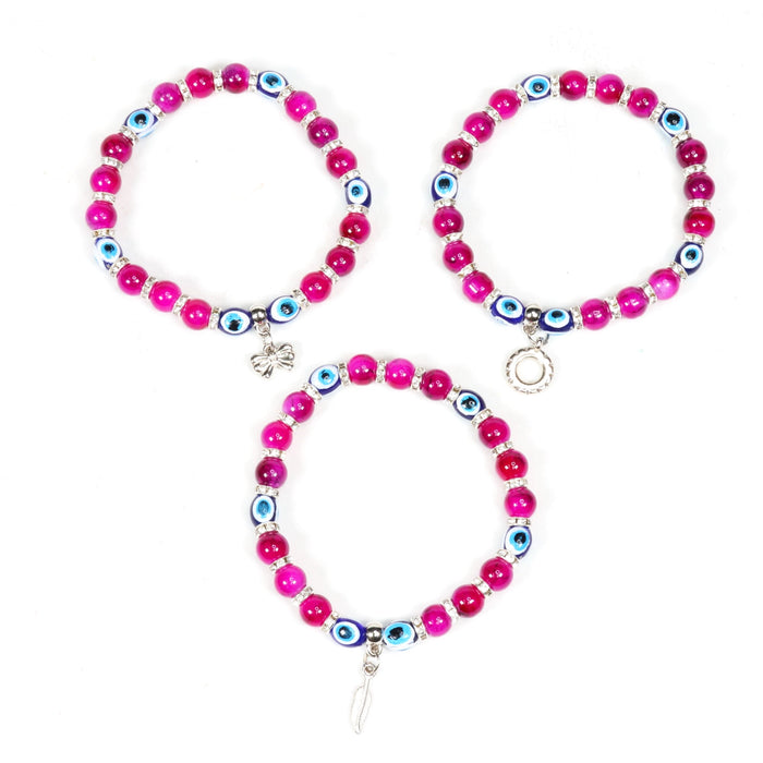 Evil Eye Bracelet, with Mixed Figure Charms, Plastic Beads, Silver Color, 8mm, Mix Style Pack, 5 Pieces in a Pack #325