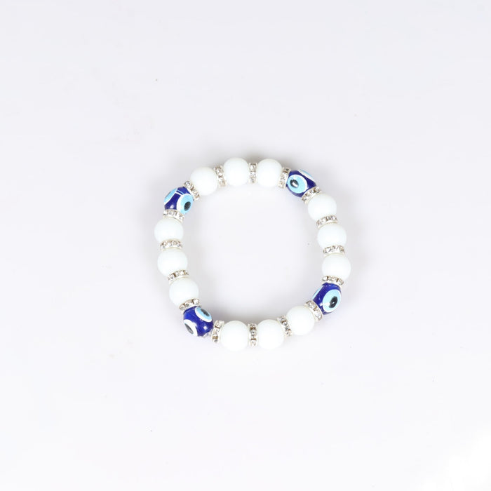 Evil Eye Bracelet, with Dyed Plastic Beads, White, 8 mm,  5 Pieces in a Pack, #506