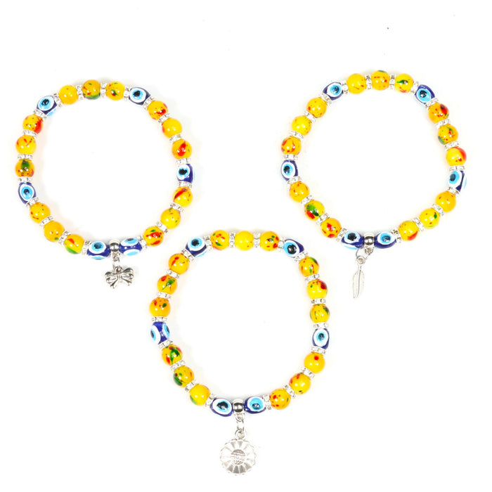 Evil Eye Bracelet, with Mixed Figure Charms, Plastic Beads, Silver Color, 8mm, Mix Style Pack, 5 Pieces in a Pack #330