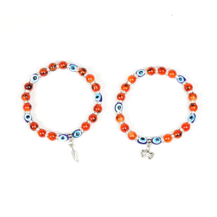 Evil Eye Bracelet, with Dyed Plastic Beads, with Mix Figure Charm, Silver Color, Dyed, 8 mm, Mix Style Pack, 5 Pieces in a Pack, #333