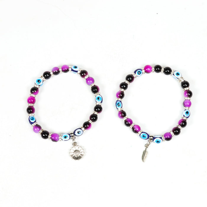 Evil Eye Bracelet, with Mixed Figure Charms, Plastic Beads, Silver Color, 8mm, Mix Style Pack, 5 Pieces in a Pack #336