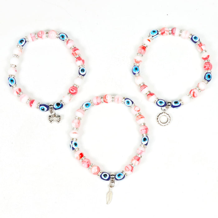 Evil Eye Bracelet, with Mixed Figure Charms, Plastic Beads, Silver Color, 8mm, Mix Style Pack, 5 Pieces in a Pack #337