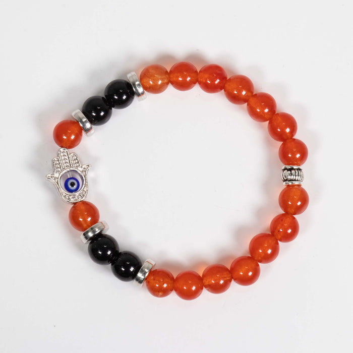 Carnelian & Black Obsidian Bracelet, with Hamsa Hand Alloy, with Evil Eye, Silver Color, 8mm, 5 Pieces in a Pack #210