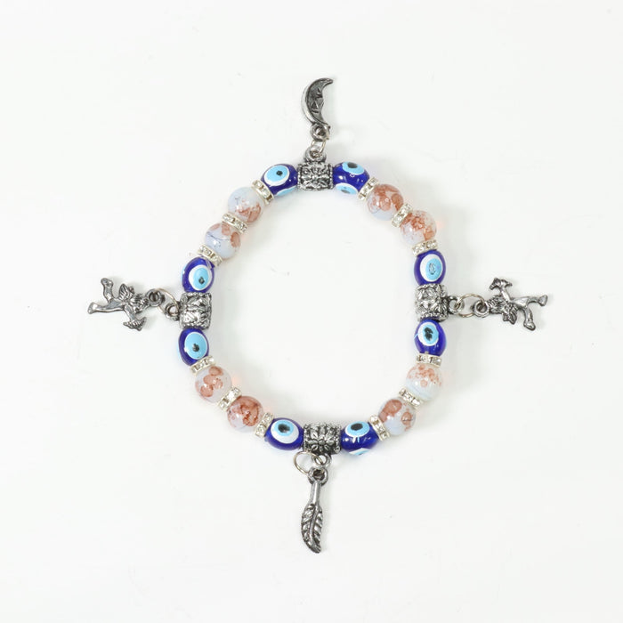 Evil Eye Bracelet, with Dyed Plastic Beads, with Mix Figure Charm, Silver Color, Dyed, 8 mm, 5 Pieces in a Pack #477