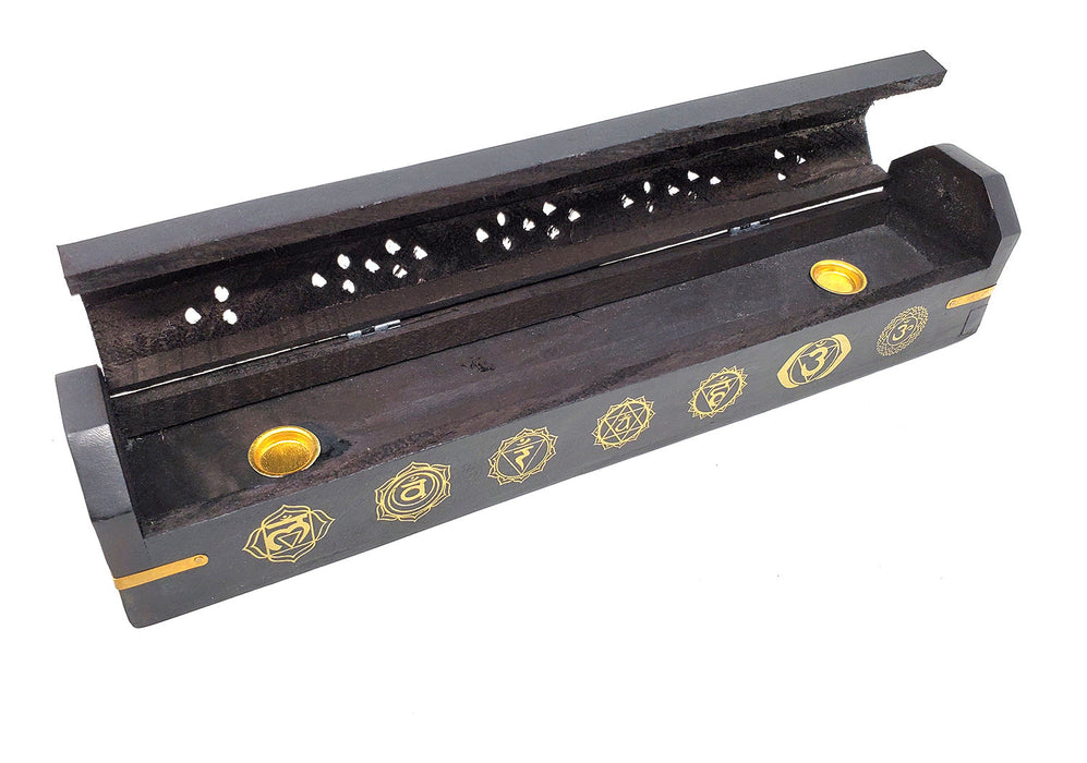 7 Chakra Wood Incense Coffin Box Burner 12"L, 2 Pieces