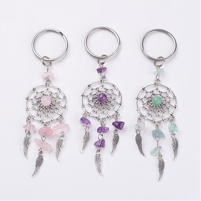 Tibetian Dream Catcher  Key Chain wit Assorted Chip Stone,  4.1" Inch, 10 Pieces in a Pack, #060