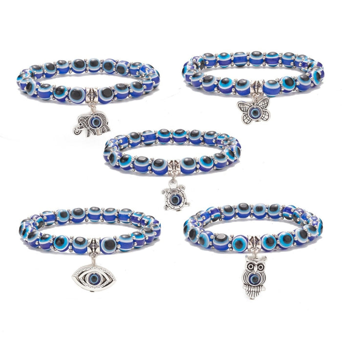 Evil Eye Bracelet, with Resin Beads, with Mixed Figure Charms, Silver Color, 8mm, Mix Style Pack, 5 Pieces in a Pack #443