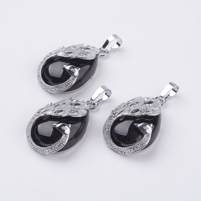 Black Agate Teardrop Shaped Pendant with Peacock, 5 Pieces in a Pack, #97