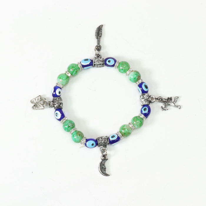 Evil Eye Bracelet, with Green Plastic Beads, with Mix Figure Charm, Silver Color, Dyed, 8 mm, 5 Pieces in a Pack #483