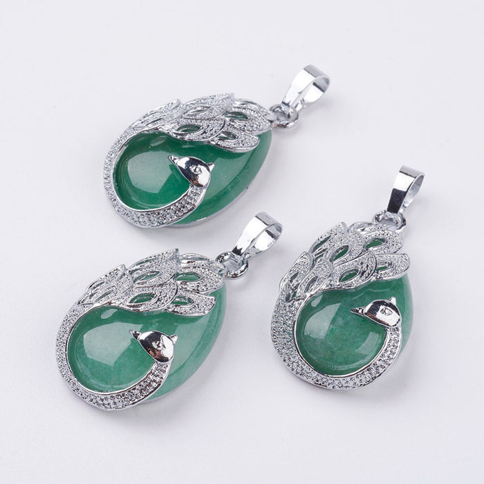 Green Aventurine Teardrop Shaped Pendant with Peacock, 5 Pieces in a Pack, #101