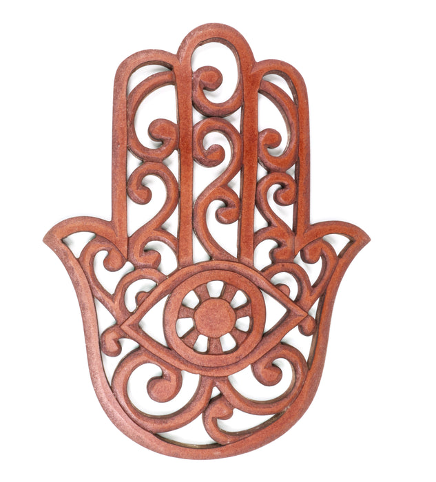 Wood Carved Hamsa Hand Plaque, Brown,  12" Inch,  #014
