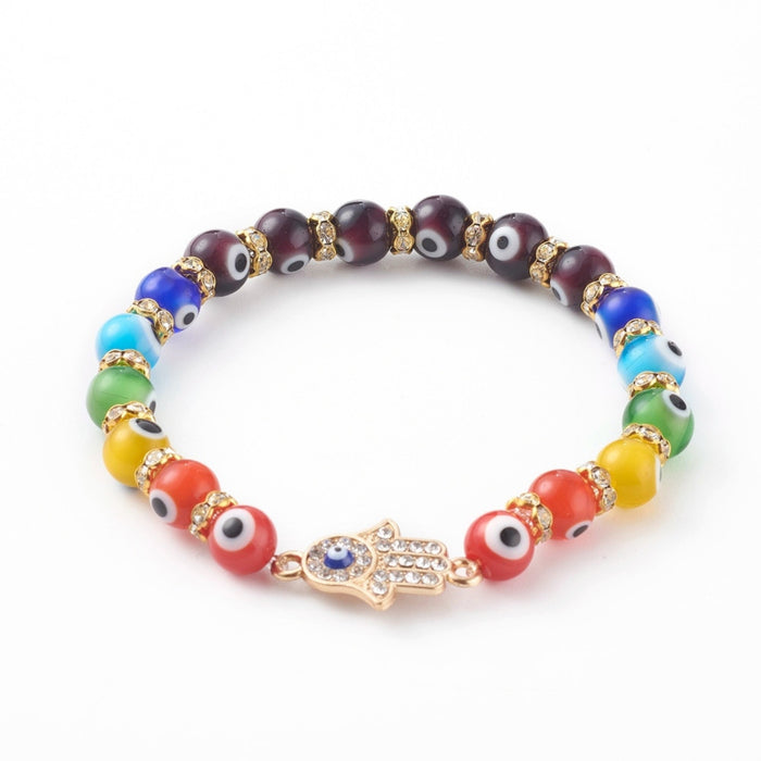 Evil Eye Bracelet, with Mix Color Evil Eye Lampwork Beads, with Hamsa Hand Alloy, Gold Color, 8 mm, 5 Pieces in a Pack #436