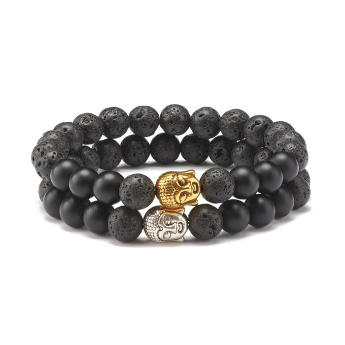 Lava Stone & Synthetic Black Stone Bracelet, with Buddha Head Alloy, Silver Color, for Men and Women 2 Pieces Set, 6&7 mm, 5 Sets in a Pack #440