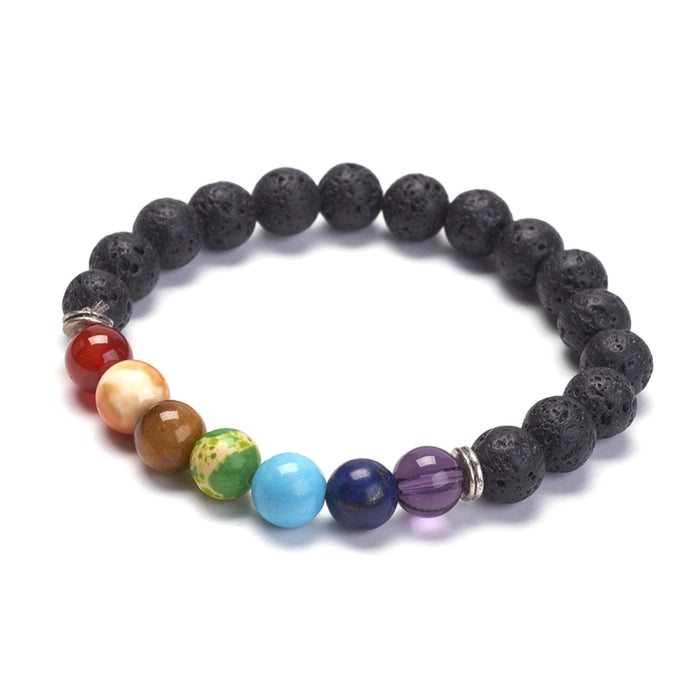 Natural Lava Stone & Yoga Chakra Stones Bracelet, 8 mm, 5 Pieces in a Pack #030