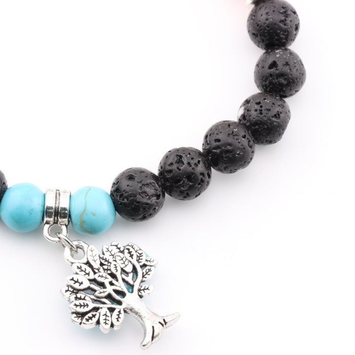 Lava Stone & Chakra Stones Bracelet, with Turquoise Chip Stone Tree of Life Charm , Silver Color, 8mm, 5 Pieces in a Pack #512