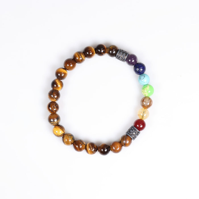 Natural Tiger Eye & Chakra Stones Bracelet, 8 mm, 5 Pieces in a Pack #005