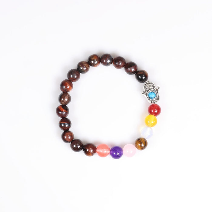 Red Tiger Eye & Chakra Stones Bracelet, with Hamsa Hand Alloy, with Evil Eye, Silver Color, 8mm, 5 Pieces in a Pack #007