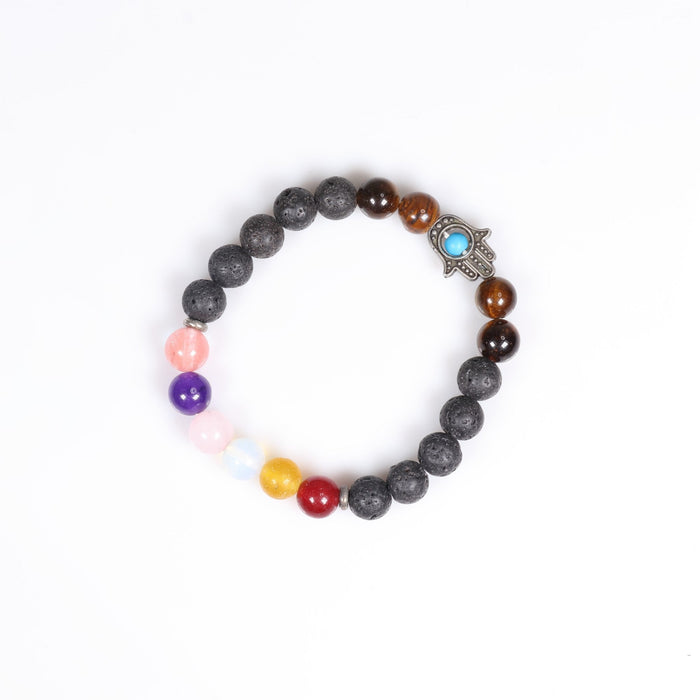 Natural Lava Stone & Chakra Stones Bracelet, with Hamsa Hand Alloy, Silver Color, 8mm, 5 Pieces in a Pack,   #010