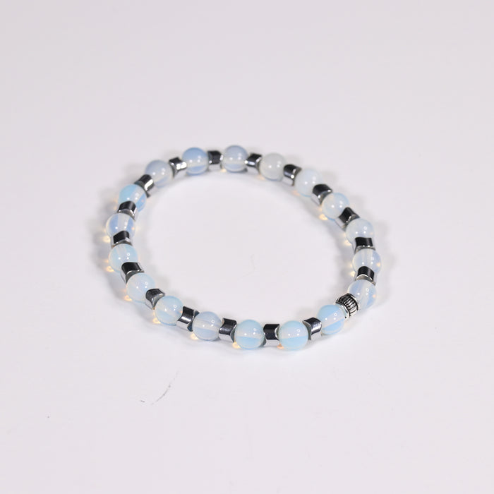 Opalite & Hematite Bracelet, Silver Color, 8 mm, 5 Pieces in a Pack #402