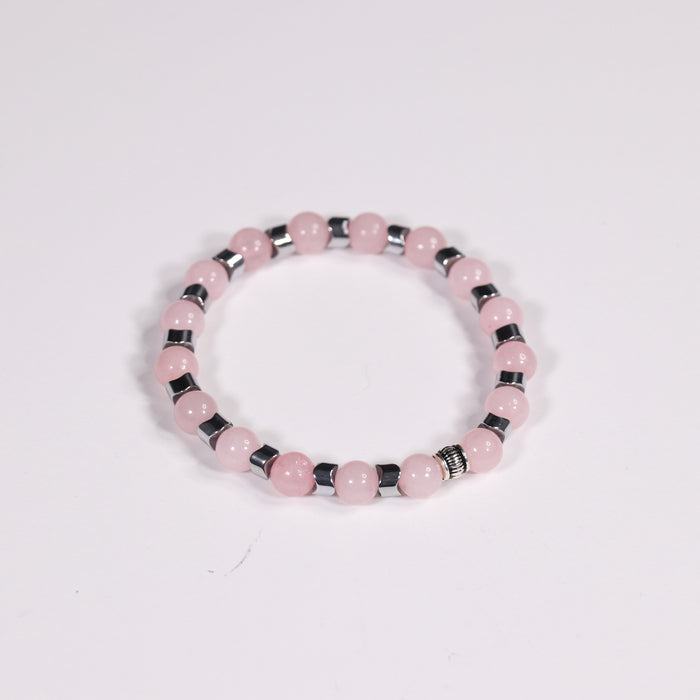 Rose Quartz & Hematite Bracelet, Silver Color, 8 mm, 5 Pieces in a Pack #407