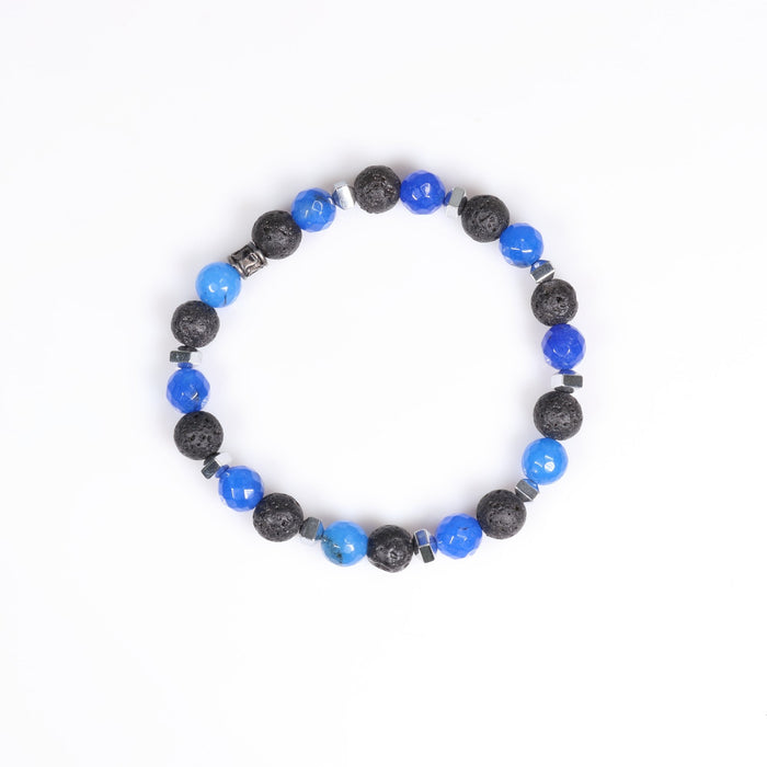 Lava Stone & Dyed Blue Agate & Hematite Bracelet,Faceted, Silver Color, 8mm, 5 Pieces in a Pack #093