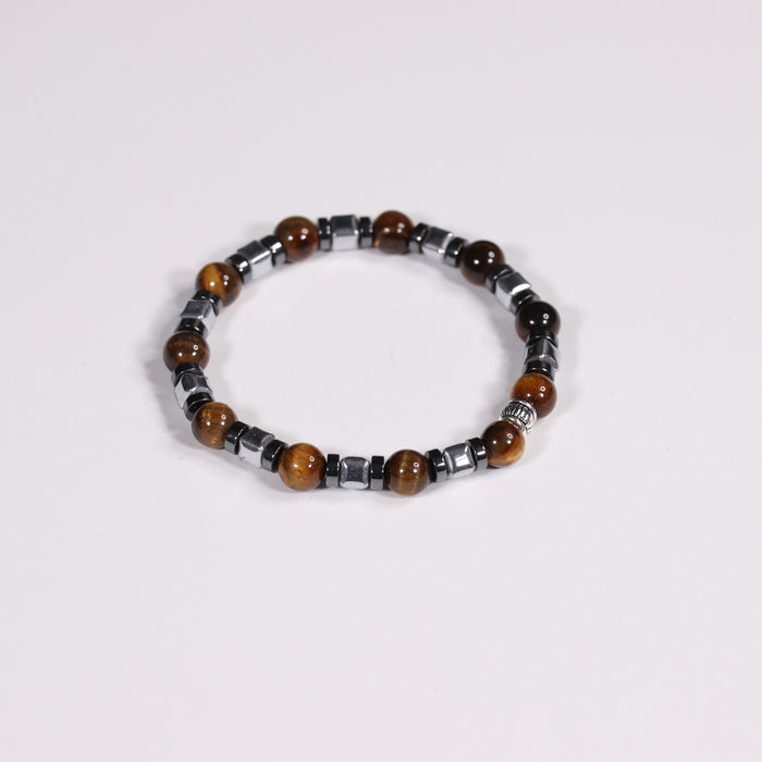 Tiger Eye & Hematite Bracelet, Silver Color, 8 mm, 5 Pieces in a Pack  #377