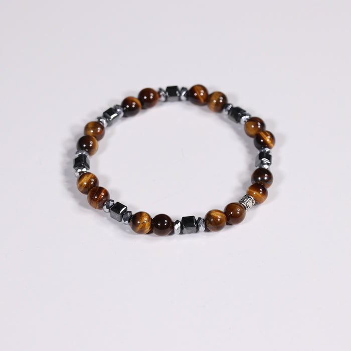 Tiger Eye & Hematite Bracelet, Silver Color, 8 mm, 5 Pieces in a Pack #381