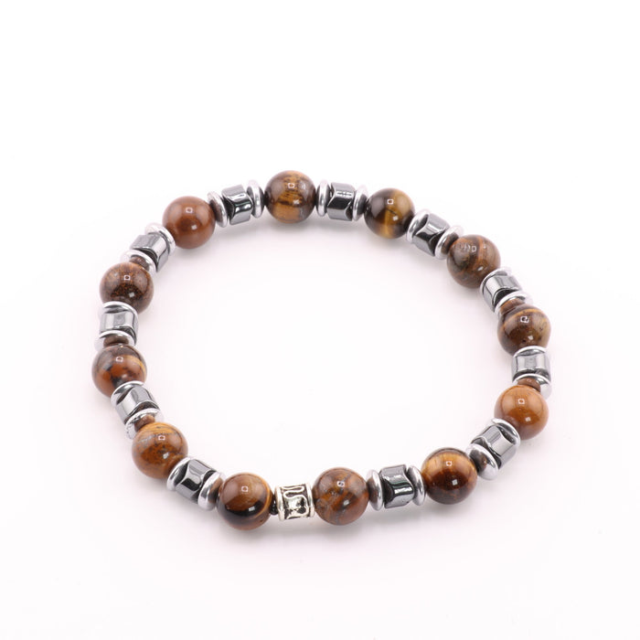 Tiger Eye & Hematite Bracelet, Silver Color, 8 mm, 5 Pieces in a Pack #460