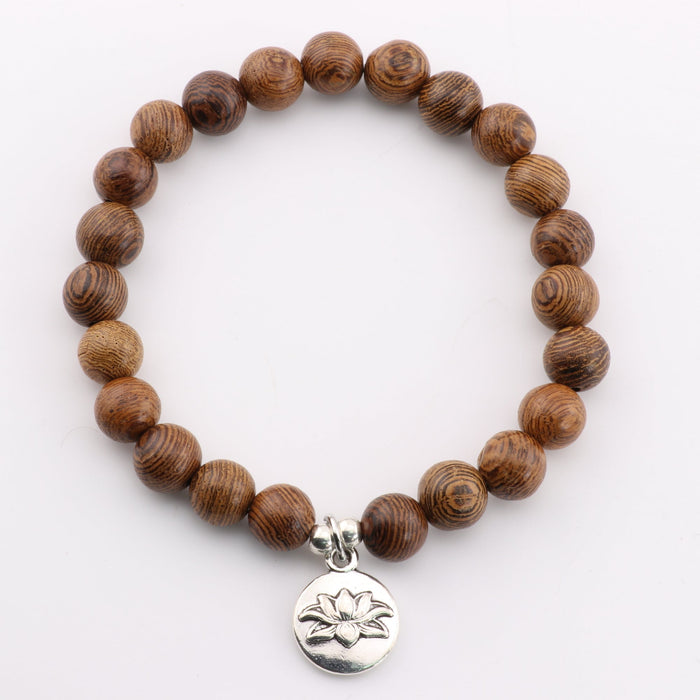 Natural Wenge Wood Bracelet, with Mix Design Charms, Silver Color, 8mm, 5 Pieces in a Pack #536