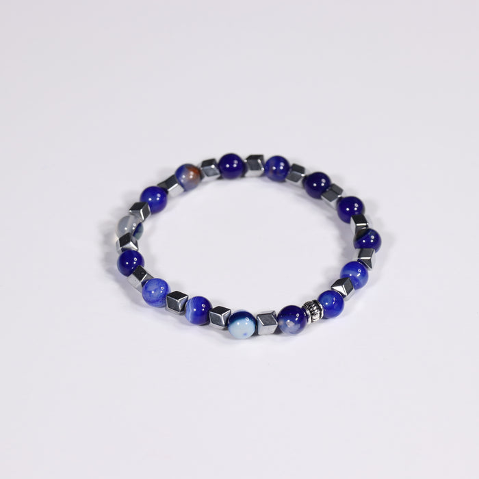Blue Stripe Agate & Hematite Bracelet, Dyed, Silver Color, 8 mm, Mix Pack, 5 Pieces in a Pack #348
