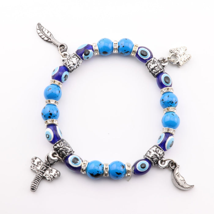 Evil Eye Bracelet, with Blue Plastic Beads, with Mix Figure Charm, Silver Color, Dyed, 8 mm, 5 Pieces in a Pack #491