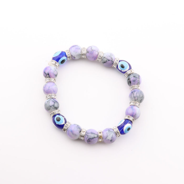 Evil Eye Bracelet, with Dyed Plastic Beads, Purple, 8 mm,  5 Pieces in a Pack, #507