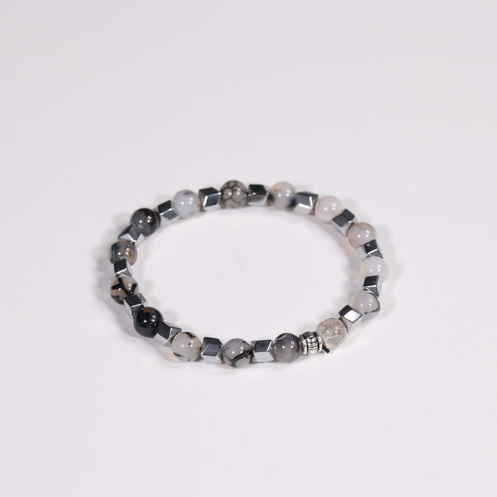 Dragon Veins Agate & Hematite Bracelet, Silver Color, 8 mm, Mix Pack, 5 Pieces in a Pack #364