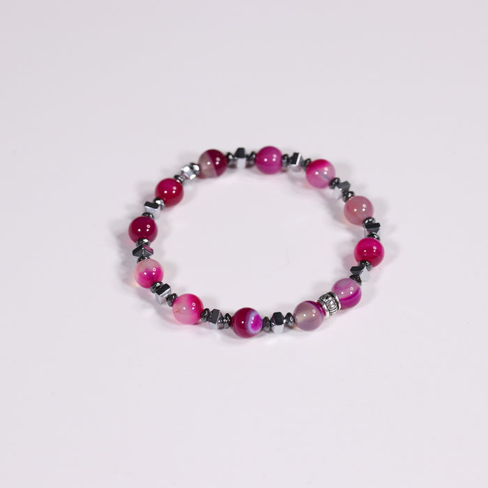 Pink Agate & Hematite Bracelet, Silver Color, 8 mm, 5 Pieces in a Pack #387