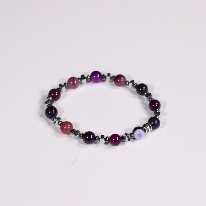 Purple Agate & Hematite Bracelet, Silver Color, 8 mm, 5 Pieces in a Pack #410